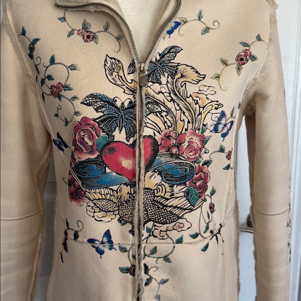 eivissa Cream Faux Fur Suede Painted Graphic Coat Jacket Tattoo design - Picture 2 of 10